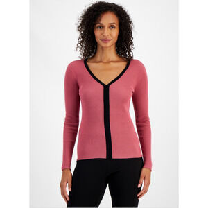 T Tahari Women Contrast Trim Ribbed Long Sleeve Top Velvet Rose Size S